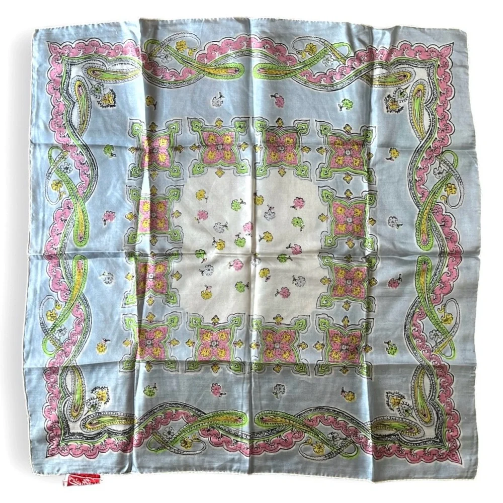 Vanette Creations Vintage Hand Rolled Silk Scarf in Soft Pastels Paisley Floral